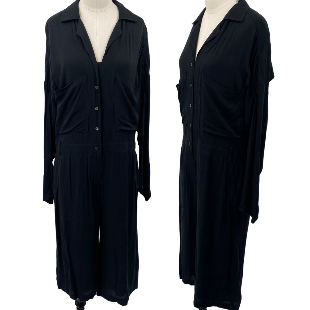 Anthropologie 34N 118W Cropped Jumpsuit Button Down Wide Leg Black Womens Small